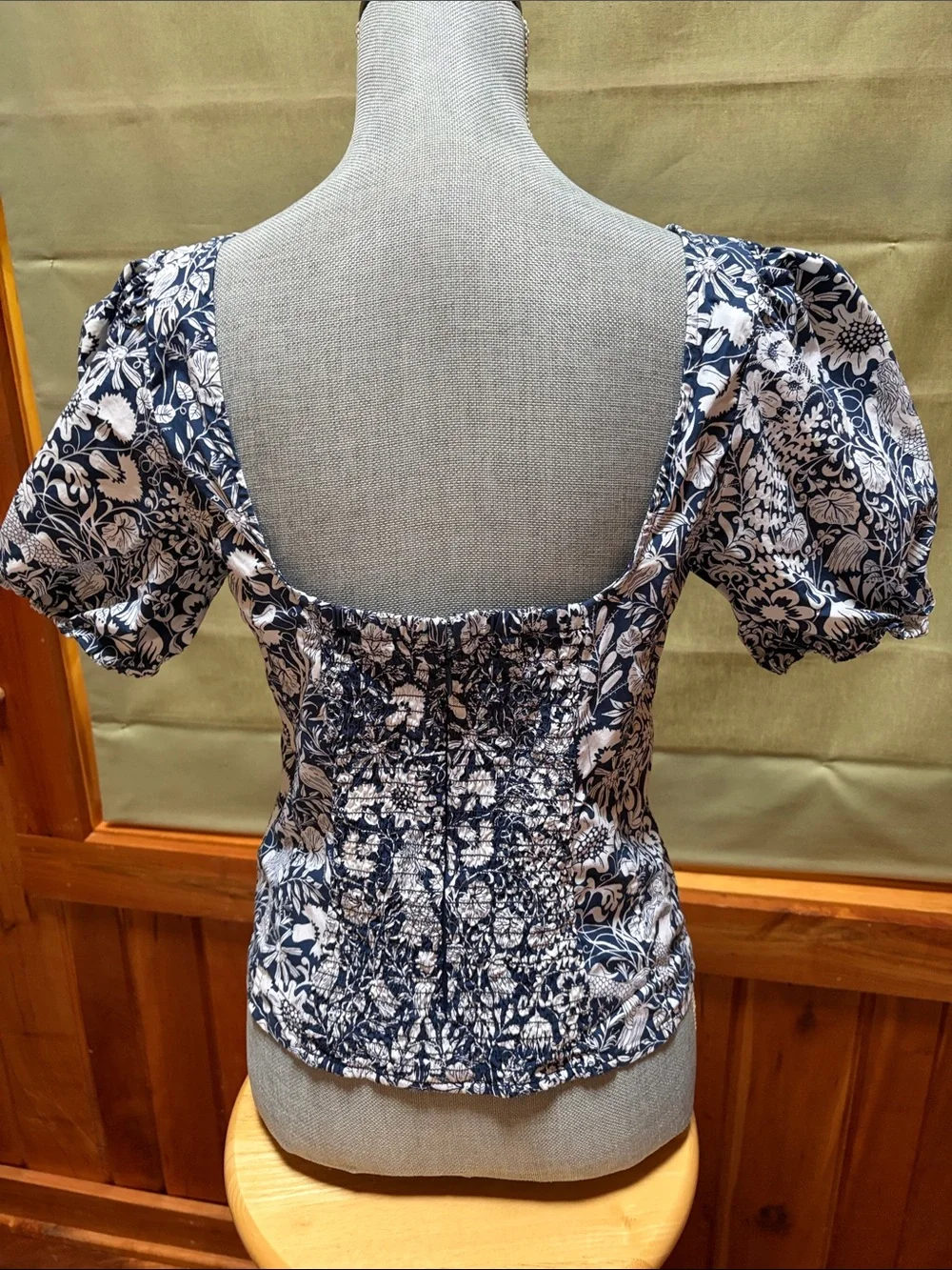 J. Crew Navy and White Floral Square-Neck Puff Sleeve Blouse